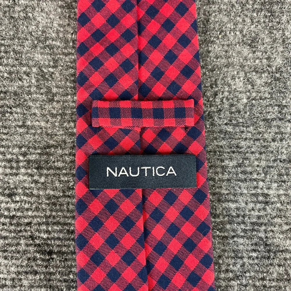 Nautica Mens Red Navy Blue Gingham Check 100% Cotton Necktie 59.5